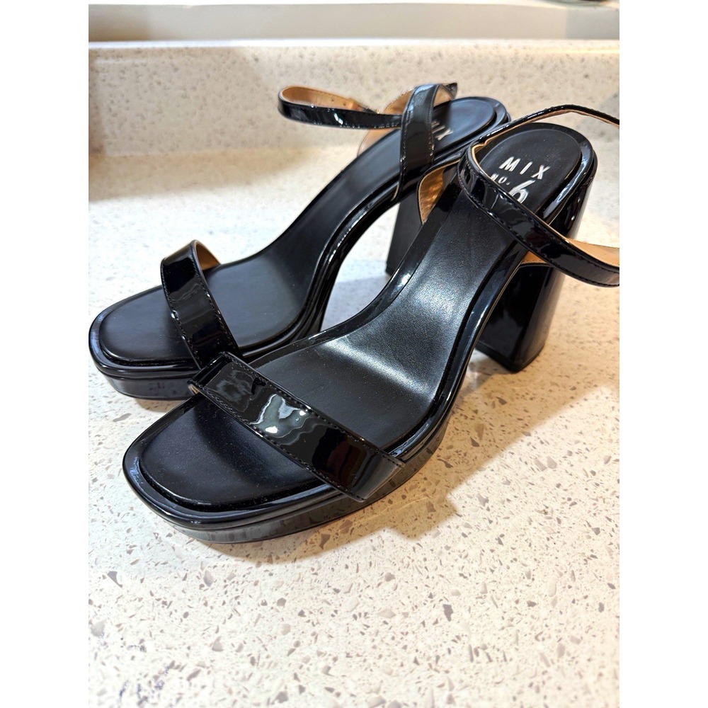 Mix No. 6 Black Patent Leather Strappy Block Heel Ankle Strap Sandals 9.5W GoGo